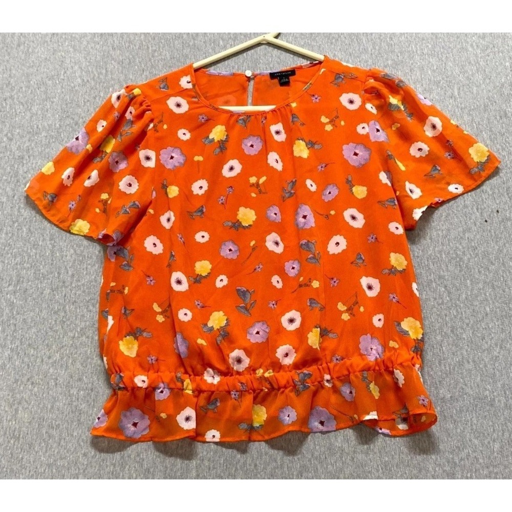 Ann Taylor Peplum Top Womens Small Orange Floral Sheer Short Sleeve Crew Neck